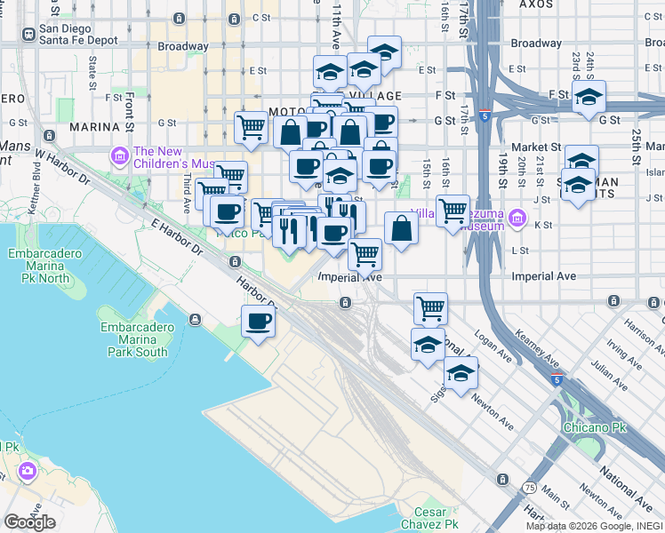 map of restaurants, bars, coffee shops, grocery stores, and more near 2 11th Avenue in San Diego