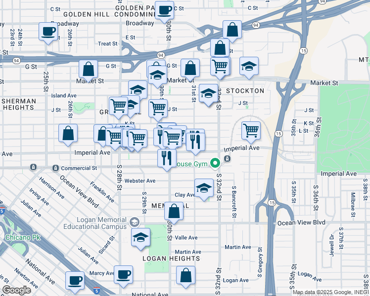 map of restaurants, bars, coffee shops, grocery stores, and more near in San Diego