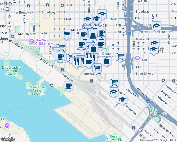 map of restaurants, bars, coffee shops, grocery stores, and more near 2 Eleventh Avenue in San Diego