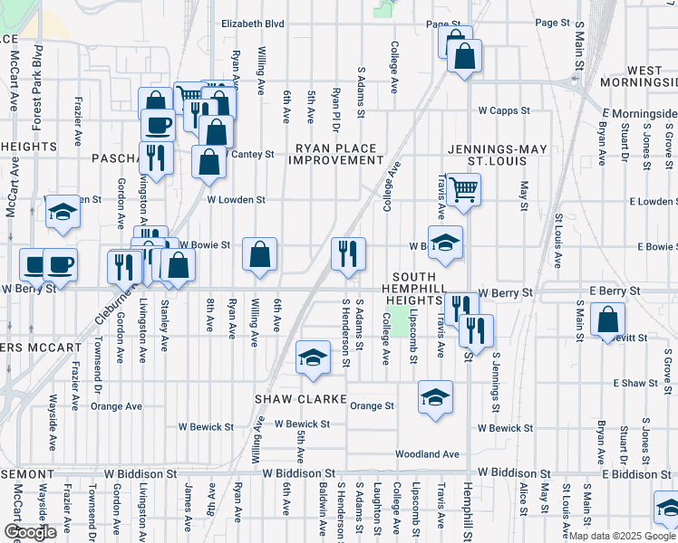 map of restaurants, bars, coffee shops, grocery stores, and more near 1212 High Street in Fort Worth