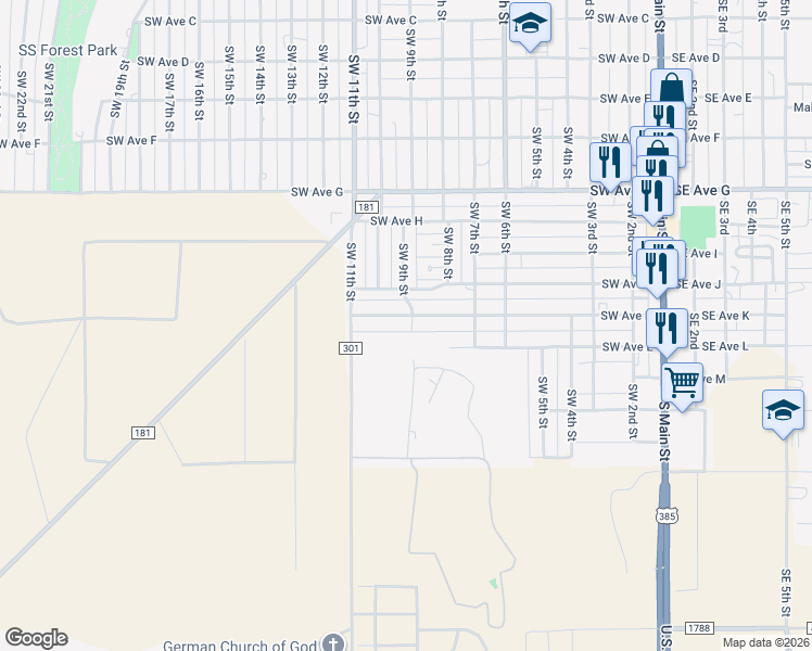 map of restaurants, bars, coffee shops, grocery stores, and more near 903-905 Southwest Avenue K in Seminole