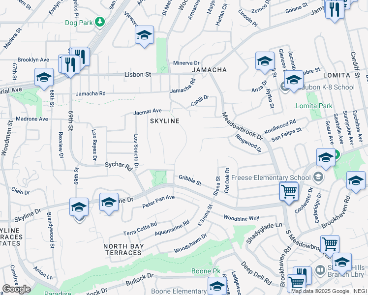map of restaurants, bars, coffee shops, grocery stores, and more near Lausanne Drive in San Diego