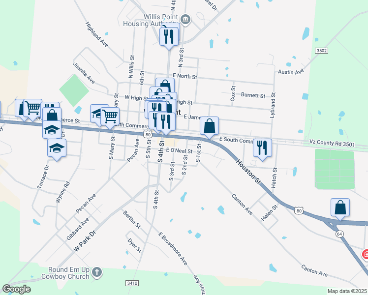 map of restaurants, bars, coffee shops, grocery stores, and more near 231 South 2nd Street in Wills Point
