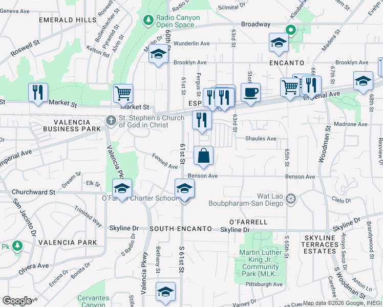 map of restaurants, bars, coffee shops, grocery stores, and more near 6126 Pastor Timothy J Winters Street in San Diego