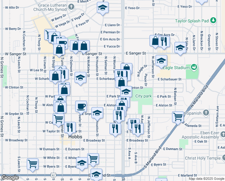 map of restaurants, bars, coffee shops, grocery stores, and more near 606 East Clinton Street in Hobbs