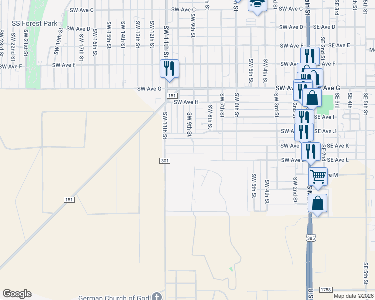 map of restaurants, bars, coffee shops, grocery stores, and more near 903 Southwest Avenue K in Seminole