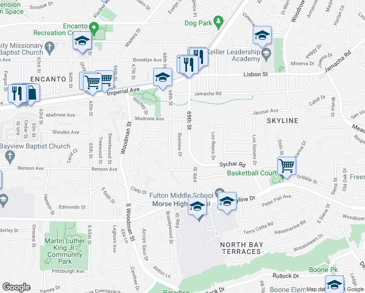 map of restaurants, bars, coffee shops, grocery stores, and more near 273 Rexview Drive in San Diego