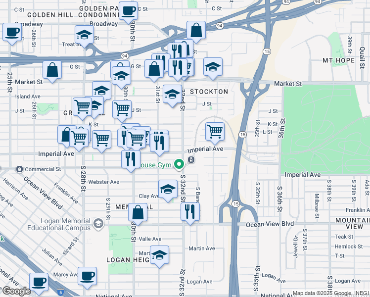map of restaurants, bars, coffee shops, grocery stores, and more near 3204 Imperial Avenue in San Diego