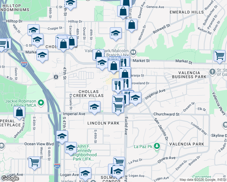map of restaurants, bars, coffee shops, grocery stores, and more near 333 Willie James Jones Avenue in San Diego