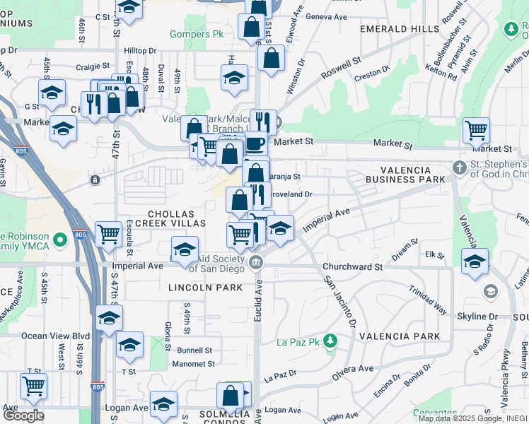 map of restaurants, bars, coffee shops, grocery stores, and more near 247 Euclid Avenue in National City