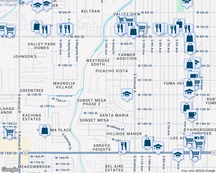map of restaurants, bars, coffee shops, grocery stores, and more near 1139 South 14th Avenue in Yuma