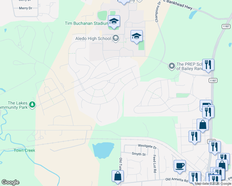 map of restaurants, bars, coffee shops, grocery stores, and more near 543 Point Vista Drive in Aledo