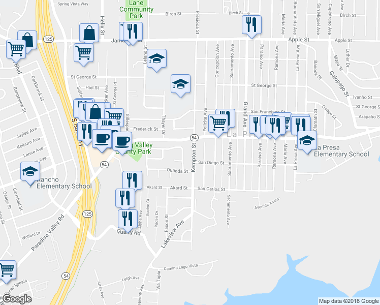 map of restaurants, bars, coffee shops, grocery stores, and more near 532 Kempton Street in Spring Valley