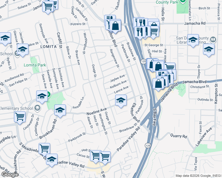 map of restaurants, bars, coffee shops, grocery stores, and more near 8823 Kelburn Avenue in Spring Valley