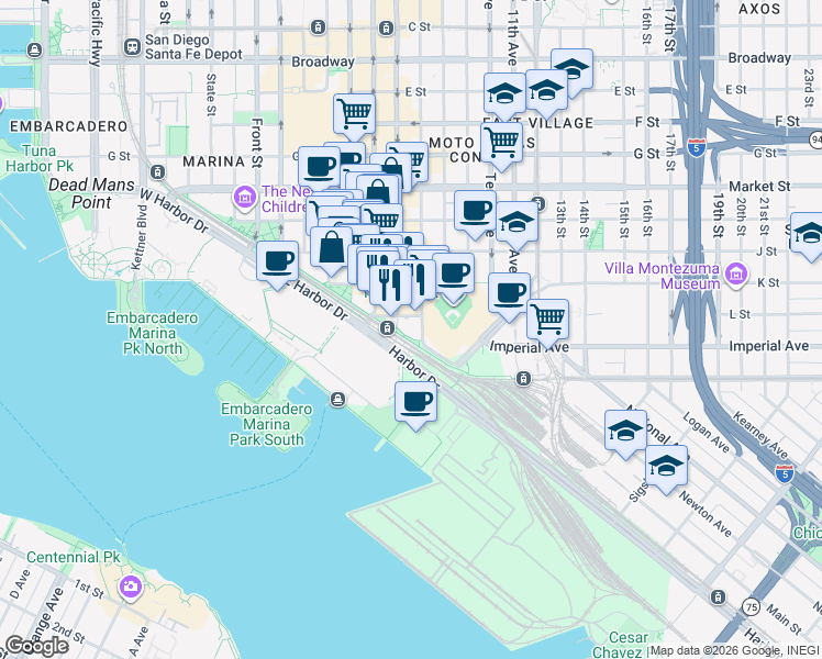 map of restaurants, bars, coffee shops, grocery stores, and more near in San Diego