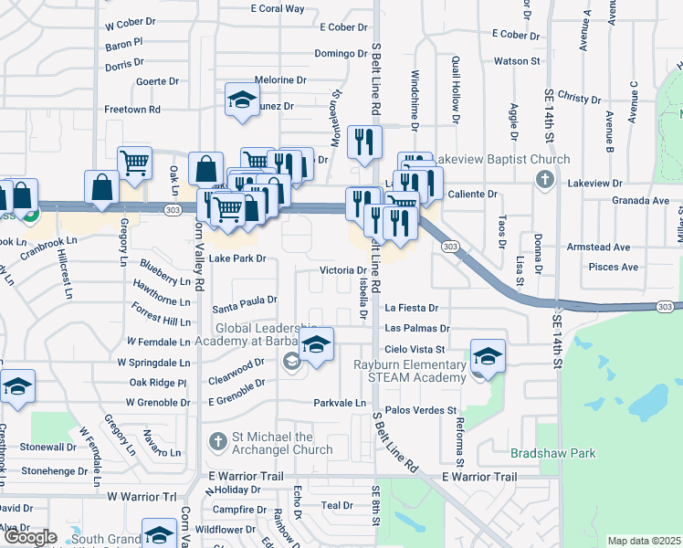map of restaurants, bars, coffee shops, grocery stores, and more near 2602 Pinta Circle in Grand Prairie