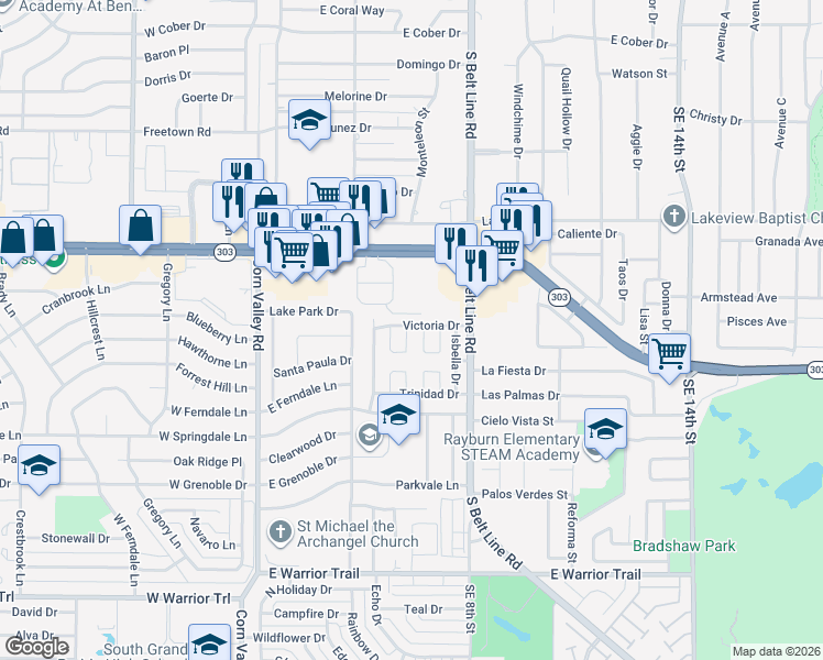 map of restaurants, bars, coffee shops, grocery stores, and more near 2648 San Sabastian Circle in Grand Prairie