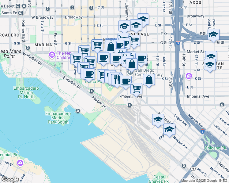 map of restaurants, bars, coffee shops, grocery stores, and more near 100 Park Boulevard in San Diego