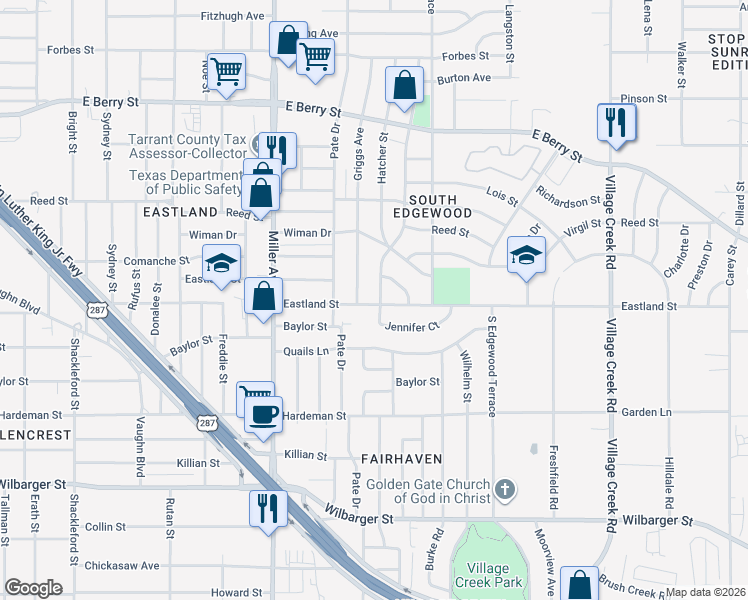 map of restaurants, bars, coffee shops, grocery stores, and more near 3728 South Hughes Avenue in Fort Worth