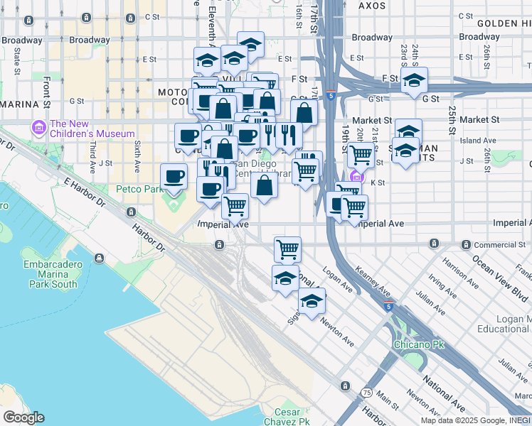 map of restaurants, bars, coffee shops, grocery stores, and more near 1400 L Street in San Diego
