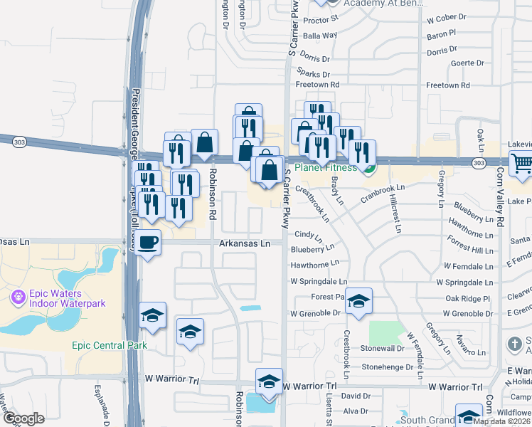 map of restaurants, bars, coffee shops, grocery stores, and more near 908 Bluestone Drive in Grand Prairie