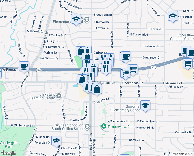 map of restaurants, bars, coffee shops, grocery stores, and more near 908 East Pioneer Parkway in Arlington