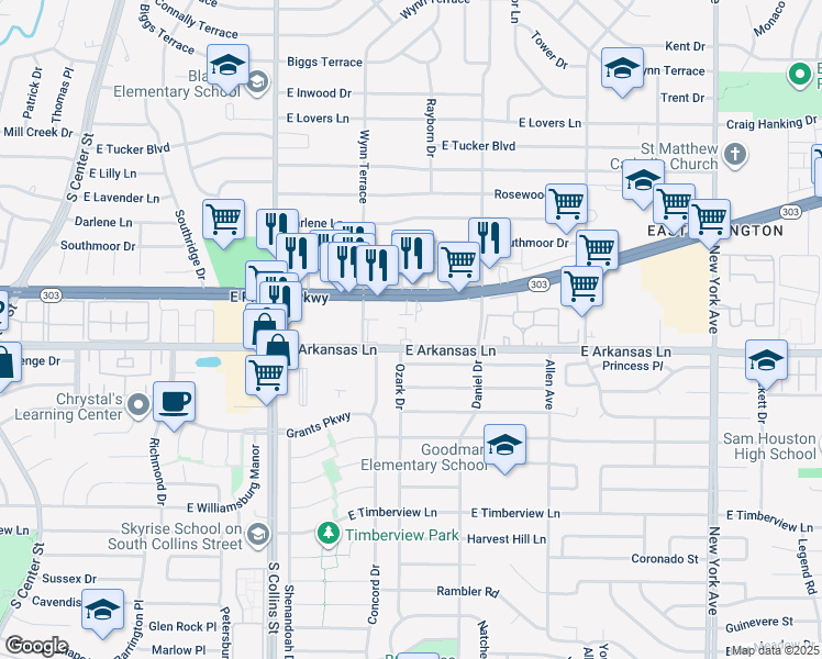 map of restaurants, bars, coffee shops, grocery stores, and more near 1200 E Pioneer Pkwy in Arlington