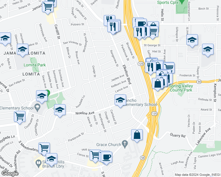 map of restaurants, bars, coffee shops, grocery stores, and more near 8823 Kelburn Avenue in Spring Valley