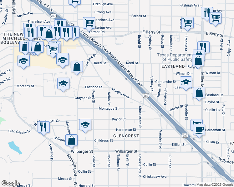map of restaurants, bars, coffee shops, grocery stores, and more near 3807 Vaughn Boulevard in Fort Worth