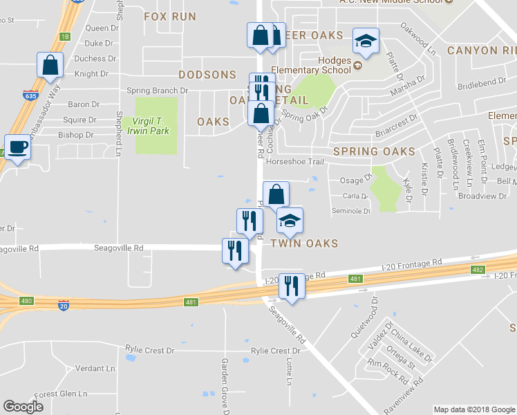 map of restaurants, bars, coffee shops, grocery stores, and more near 4655 Pioneer Road in Balch Springs
