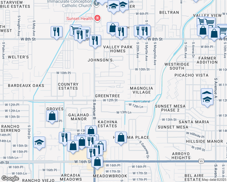 map of restaurants, bars, coffee shops, grocery stores, and more near 2300 West Greentree Drive in Yuma