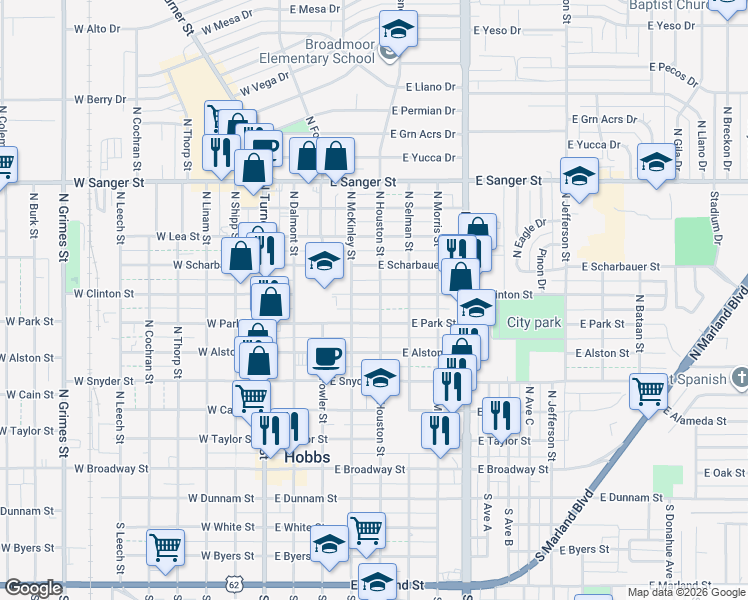 map of restaurants, bars, coffee shops, grocery stores, and more near 504 East Clinton Street in Hobbs