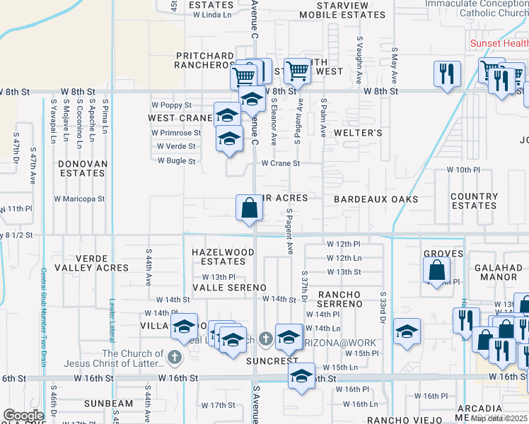 map of restaurants, bars, coffee shops, grocery stores, and more near 1101 South Avenue C in Yuma