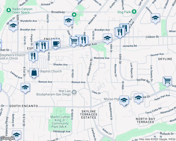 map of restaurants, bars, coffee shops, grocery stores, and more near 320 Woodman Street in San Diego