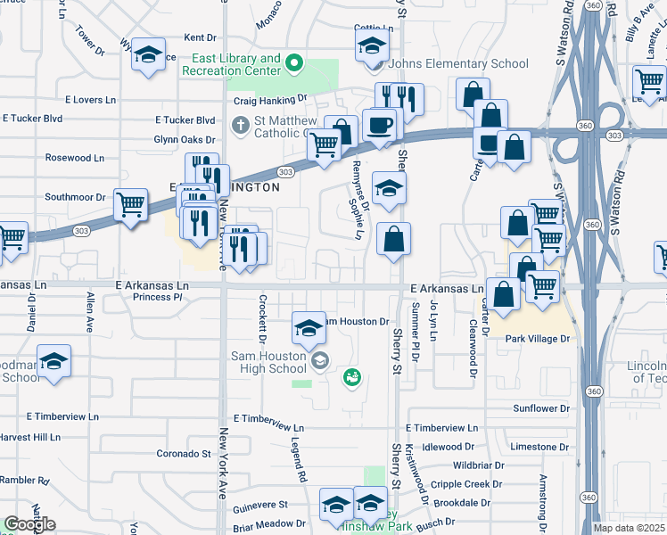 map of restaurants, bars, coffee shops, grocery stores, and more near 2003 Terlingua Lane in Arlington