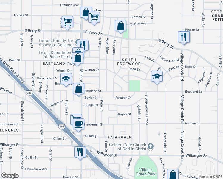 map of restaurants, bars, coffee shops, grocery stores, and more near 3728 South Hughes Avenue in Fort Worth