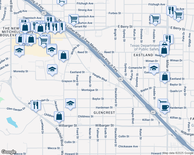 map of restaurants, bars, coffee shops, grocery stores, and more near 3807 Vaughn Boulevard in Fort Worth