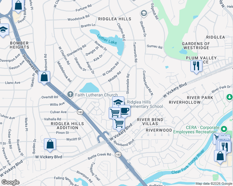 map of restaurants, bars, coffee shops, grocery stores, and more near 6816 Chickering Road in Fort Worth