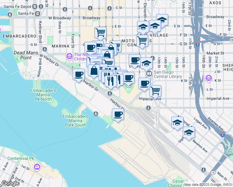 map of restaurants, bars, coffee shops, grocery stores, and more near in San Diego
