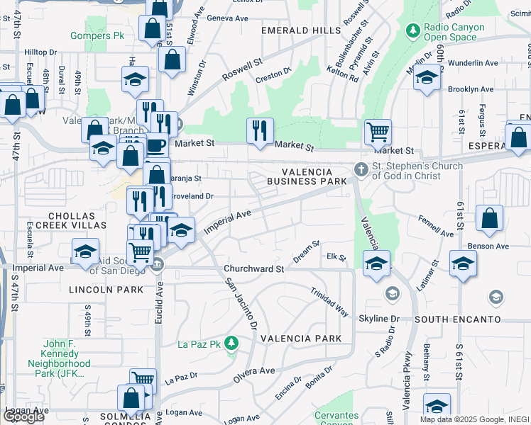 map of restaurants, bars, coffee shops, grocery stores, and more near 5430 Imperial Avenue in San Diego