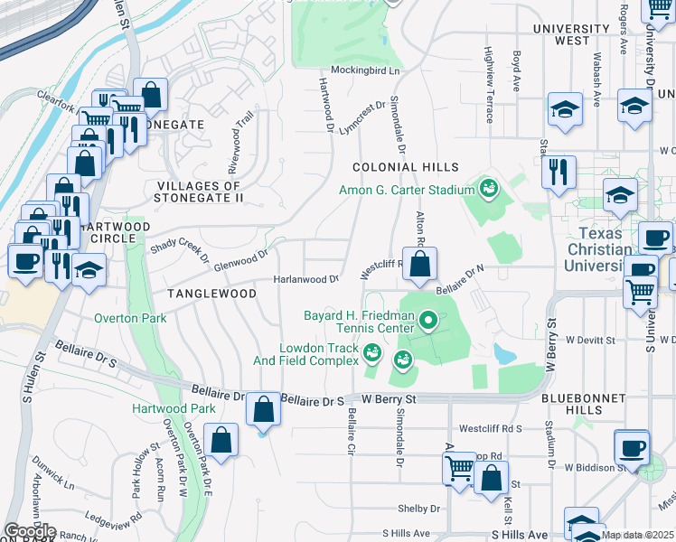 map of restaurants, bars, coffee shops, grocery stores, and more near 3808 Trailwood Lane in Fort Worth