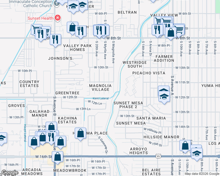 map of restaurants, bars, coffee shops, grocery stores, and more near 1100-1198 S Magnolia Ave in Yuma
