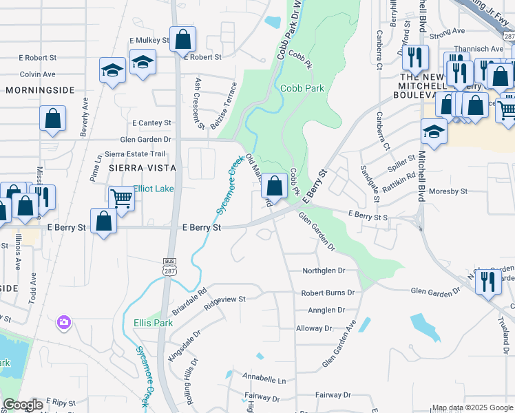 map of restaurants, bars, coffee shops, grocery stores, and more near 2201 East Berry Street in Fort Worth