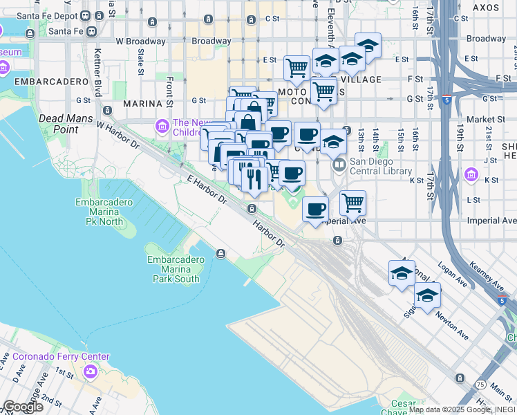 map of restaurants, bars, coffee shops, grocery stores, and more near 4 Sixth Avenue in San Diego