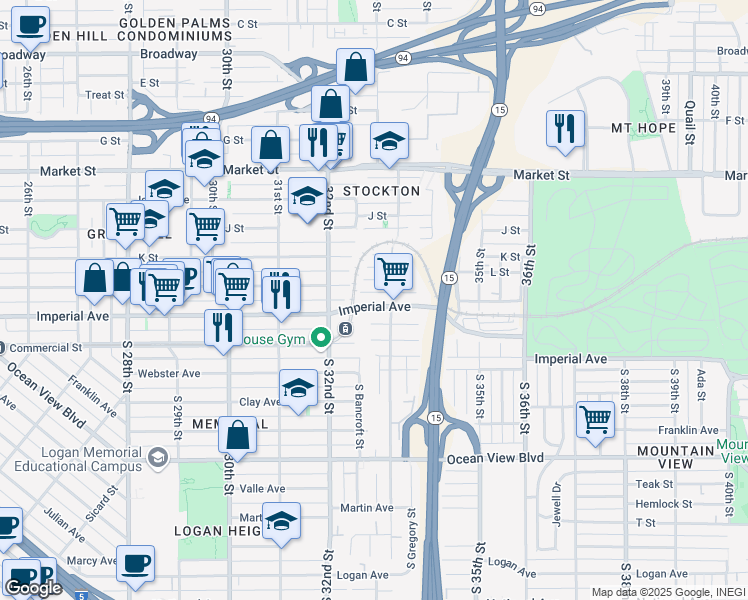 map of restaurants, bars, coffee shops, grocery stores, and more near 3266 Imperial Avenue in San Diego