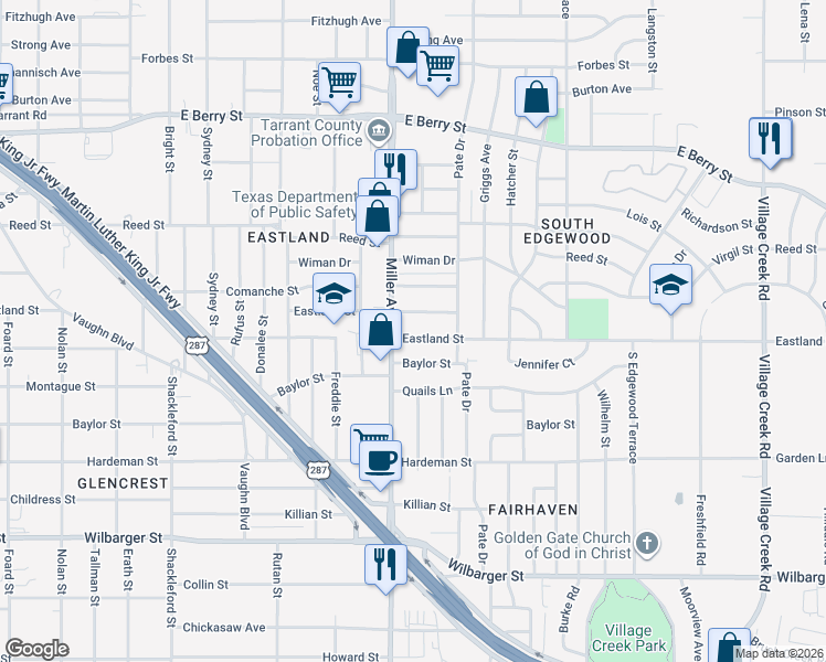 map of restaurants, bars, coffee shops, grocery stores, and more near 4224 Whitehall Street in Fort Worth
