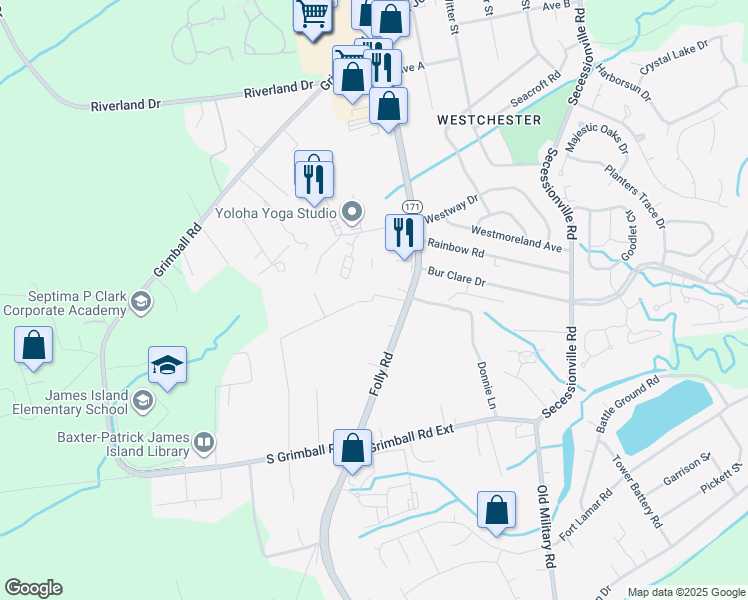 map of restaurants, bars, coffee shops, grocery stores, and more near 1505 Scott Hill Road in Charleston