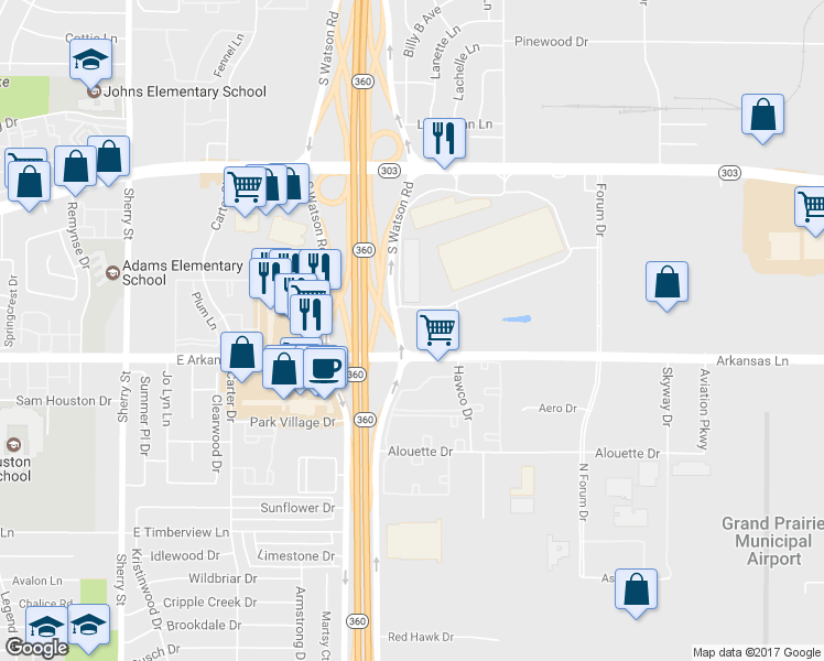 map of restaurants, bars, coffee shops, grocery stores, and more near 2261 South Watson Road in Arlington