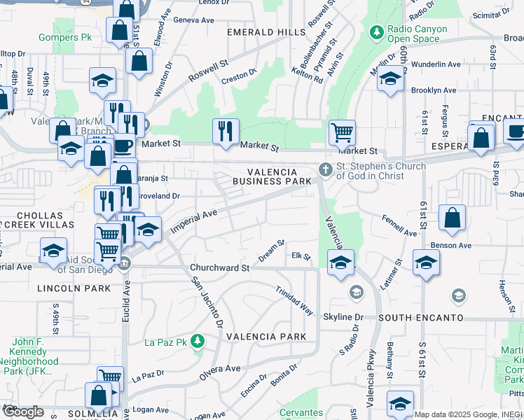 map of restaurants, bars, coffee shops, grocery stores, and more near 265 55th Street in San Diego