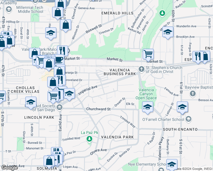 map of restaurants, bars, coffee shops, grocery stores, and more near 5430 Imperial Avenue in San Diego